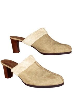 New York Transit Suede Leather Heeled Mule Faux Fur Lined Tan Size 8.5 Girly